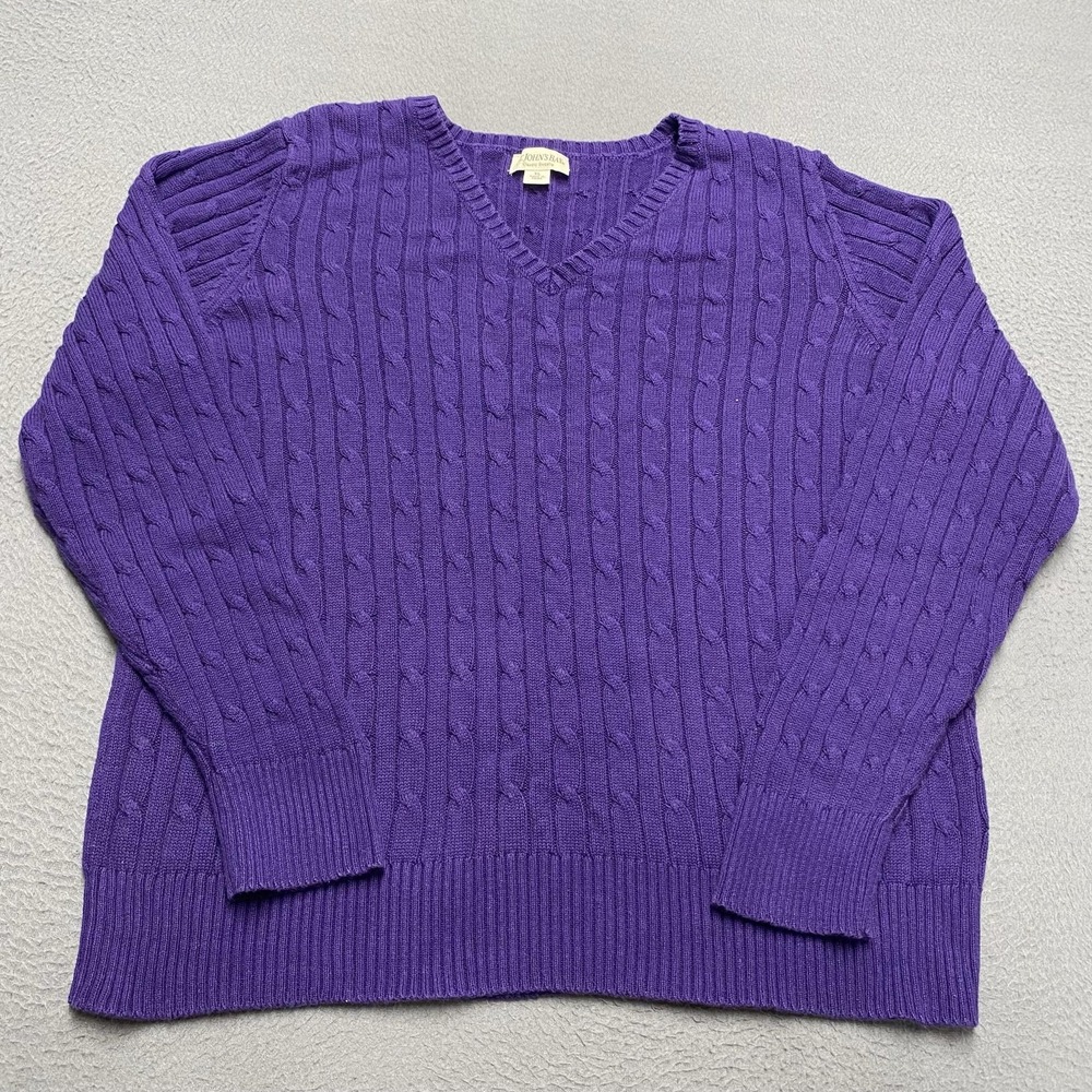 St. John's Bay Sweater Mens XL Purple V Neck Cable Knit Cotton Classic Pullover
